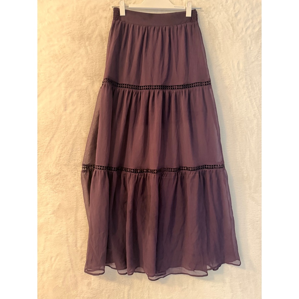 Express Purple Tiered Maxi Skirt Womens XS Petite Boho Crochet Lace Trim Smocked